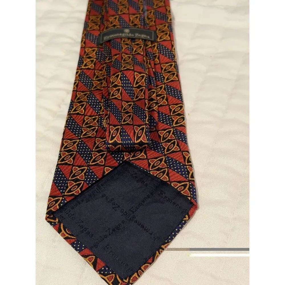 Ermenegildo Zegna 100% Silk Tie Red Navy Gold Geometric Luxury Mens Necktie